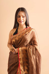 Pure Tissue Linen Temple Jamdani In Light Brown Colour